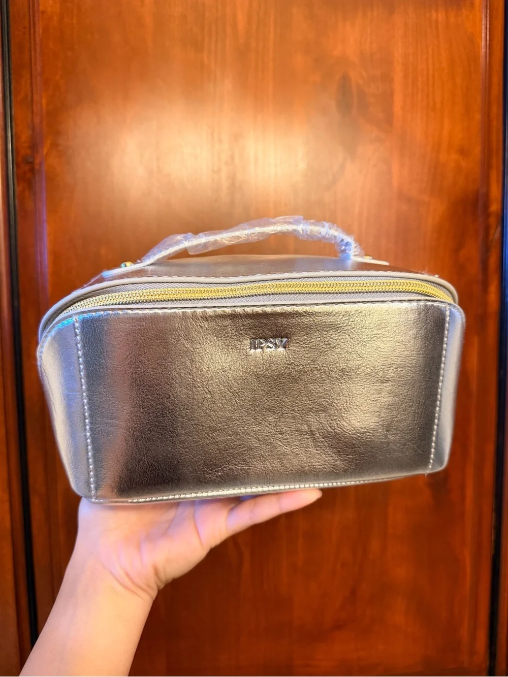 ipsy Silver Metallic Cosmetic Case with Top Handle